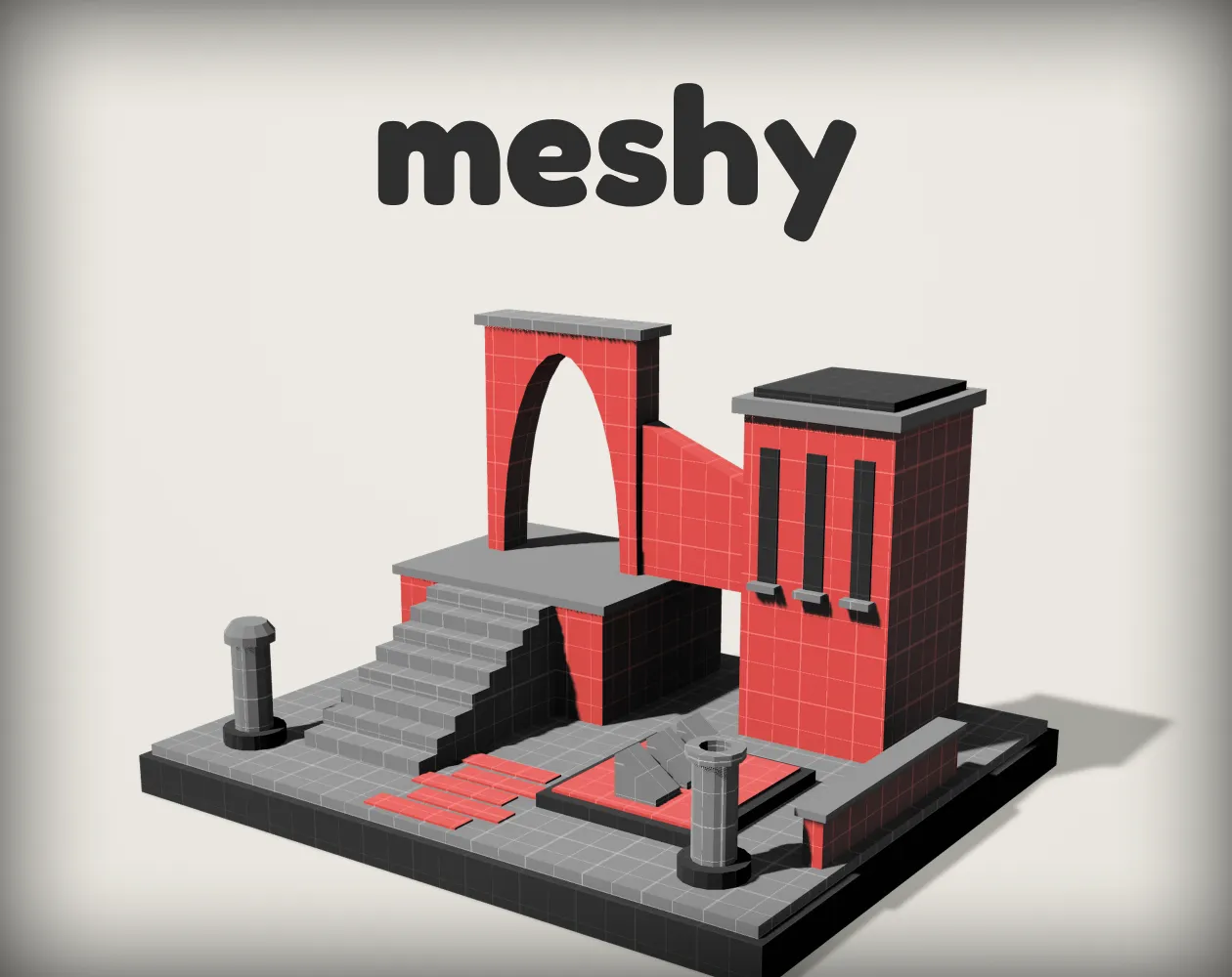 meshy logo above a red and gray architectural scene with stairs, an arch, a tower, and columns.